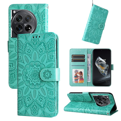 For OnePlus 12 Embossed Sunflower Leather Phone Case(Green) - OnePlus Cases by buy2fix | Online Shopping UK | buy2fix