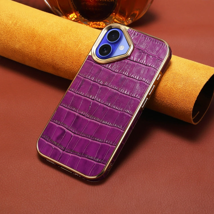 For iPhone 16 Denior Crocodile Texture Genuine Leather Electroplating Phone Case(Purple) - More iPhone Cases by Denior | Online Shopping UK | buy2fix