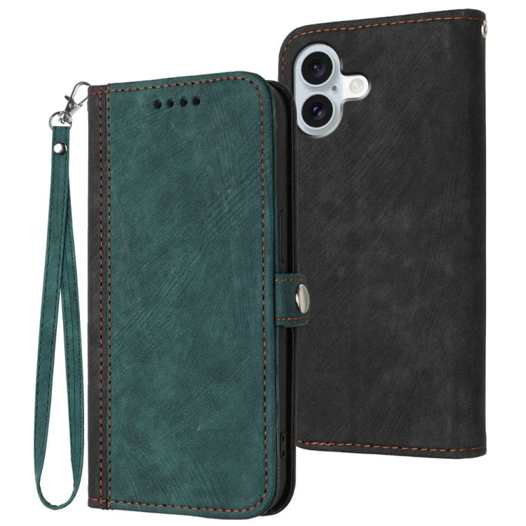 For iPhone 16 Plus Side Buckle Double Fold Hand Strap Leather Phone Case(Dark Green) - iPhone 16 Plus Cases by buy2fix | Online Shopping UK | buy2fix