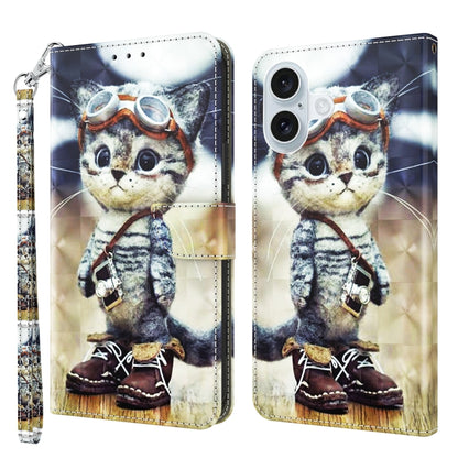 For iPhone 16 3D Painted Leather Phone Case(Naughty Cat) - iPhone 16 Cases by buy2fix | Online Shopping UK | buy2fix