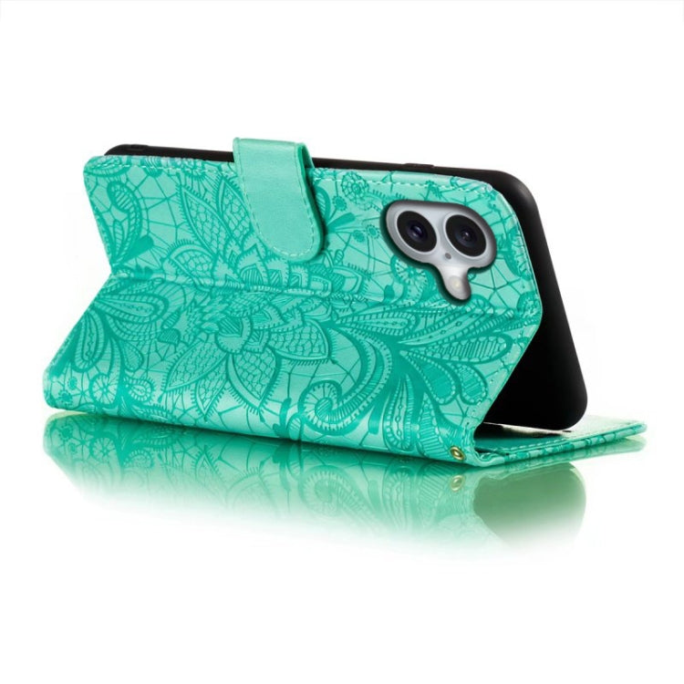 For iPhone 16 Lace Flower Embossing Flip Leather Phone Case(Green) - iPhone 16 Cases by buy2fix | Online Shopping UK | buy2fix