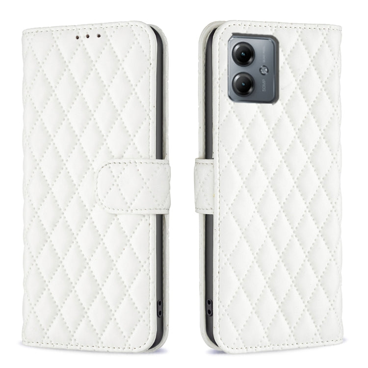 For Motorola Moto G14 4G Diamond Lattice Wallet Flip Leather Phone Case(White) - Motorola Cases by buy2fix | Online Shopping UK | buy2fix