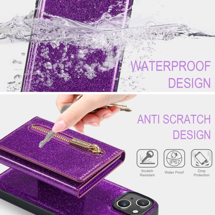 For iPhone 15 DG.MING M3 Series Glitter Powder Card Bag Leather Phone Case(Dark Purple) - iPhone 15 Cases by DG.MING | Online Shopping UK | buy2fix