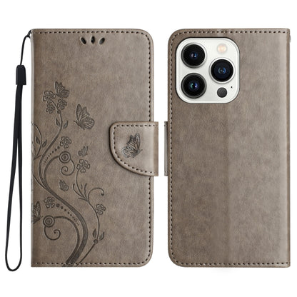 For iPhone 16 Pro Butterfly Flower Pattern Flip Leather Phone Case(Grey) - iPhone 16 Pro Cases by buy2fix | Online Shopping UK | buy2fix