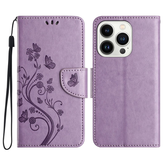 For iPhone 16 Pro Butterfly Flower Pattern Flip Leather Phone Case(Light Purple) - iPhone 16 Pro Cases by buy2fix | Online Shopping UK | buy2fix