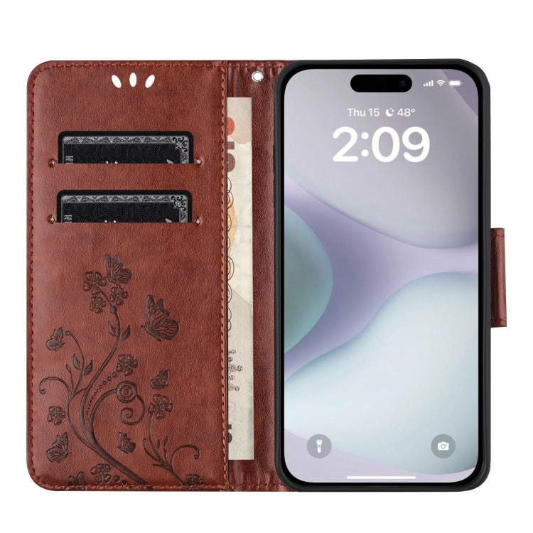 For iPhone 16 Plus Butterfly Flower Pattern Flip Leather Phone Case(Brown) - iPhone 16 Plus Cases by buy2fix | Online Shopping UK | buy2fix