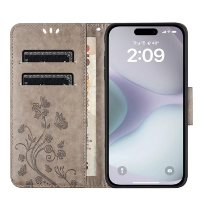 For iPhone 16 Butterfly Flower Pattern Flip Leather Phone Case(Grey) - iPhone 16 Cases by buy2fix | Online Shopping UK | buy2fix