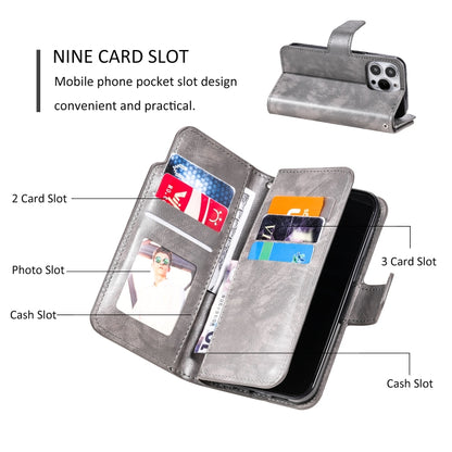 For iPhone 16 Pro Max Tri-Fold 9-Card Wallets Leather Phone Case(Grey) - iPhone 16 Pro Max Cases by buy2fix | Online Shopping UK | buy2fix