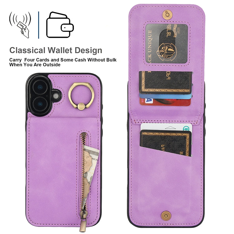 For iPhone 16 Plus Retro Ring and Zipper RFID Card Slot Phone Case(Purple) - iPhone 16 Plus Cases by buy2fix | Online Shopping UK | buy2fix