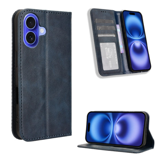 For iPhone 16 Magnetic Buckle Retro Texture Leather Phone Case(Blue) - iPhone 16 Cases by buy2fix | Online Shopping UK | buy2fix