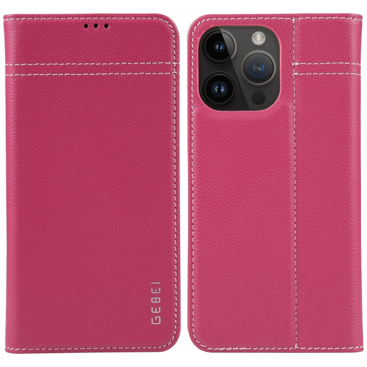 For iPhone 15 Pro Max GEBEI Top-grain Horizontal Flip Leather Phone Case(Rose Red) - iPhone 15 Pro Max Cases by GEBEI | Online Shopping UK | buy2fix