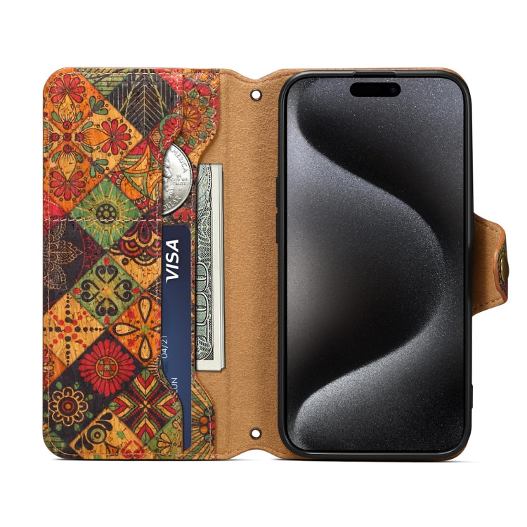 For iPhone 16 Denior Flower Language Series Cork Fabric Oil Edge Leather Phone Case(Autumn) - iPhone 16 Cases by Denior | Online Shopping UK | buy2fix