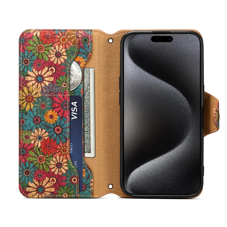 For iPhone 16 Pro Denior Flower Language Series Cork Fabric Oil Edge Leather Phone Case(Spring) - iPhone 16 Pro Cases by Denior | Online Shopping UK | buy2fix