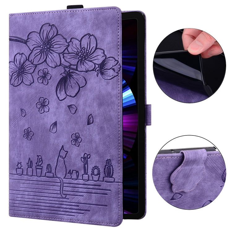 For Samsung Galaxy Tab S9+ /S8+ /S7+ Cartoon Sakura Cat Embossed Smart Leather Tablet Case(Purple) - Galaxy Tab S9+ Cases by buy2fix | Online Shopping UK | buy2fix