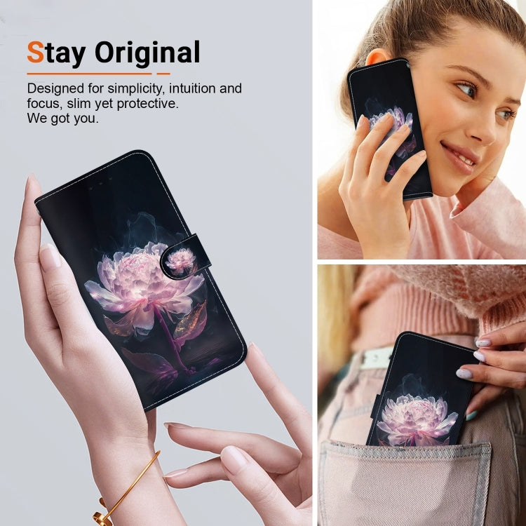 For iPhone 16 Crystal Texture Colored Drawing Leather Phone Case(Purple Peony) - iPhone 16 Cases by buy2fix | Online Shopping UK | buy2fix