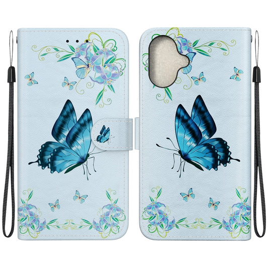 For iPhone 16 Crystal Texture Colored Drawing Leather Phone Case(Blue Pansies) - iPhone 16 Cases by buy2fix | Online Shopping UK | buy2fix