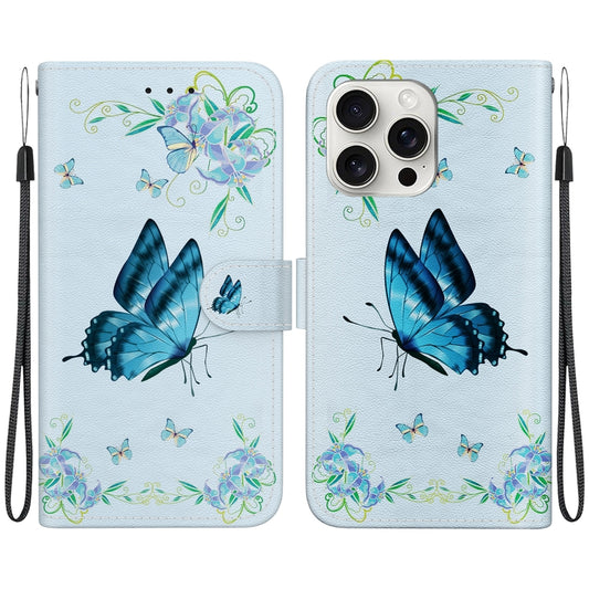 For iPhone 16 Pro Crystal Texture Colored Drawing Leather Phone Case(Blue Pansies) - iPhone 16 Pro Cases by buy2fix | Online Shopping UK | buy2fix