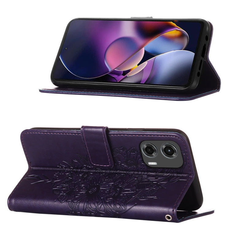 For Motorola Moto G Stylus 5G 2024 Embossed Butterfly Leather Phone Case(Dark Purple) - Motorola Cases by buy2fix | Online Shopping UK | buy2fix