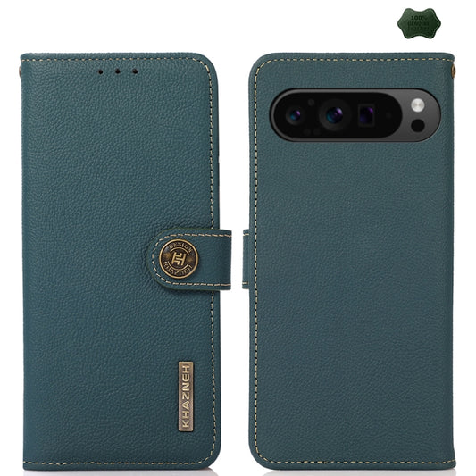 For Google Pixel 9 Pro KHAZNEH Custer Genuine Leather RFID Phone Case(Green) - Google Cases by buy2fix | Online Shopping UK | buy2fix