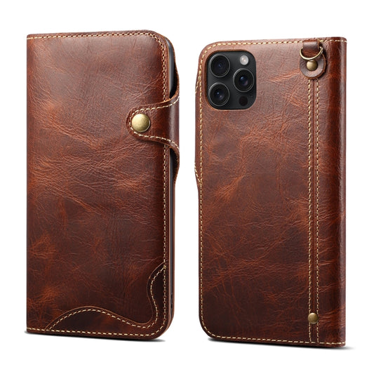 For iPhone 15 Pro Max Denior Oil Wax Cowhide Magnetic Button Genuine Leather Case(Brown) - iPhone 15 Pro Max Cases by Denior | Online Shopping UK | buy2fix