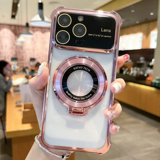 For iPhone 14 Pro MagSafe Holder Shockproof TPU Phone Case with Lens Film(Rose Gold) - iPhone 14 Pro Cases by buy2fix | Online Shopping UK | buy2fix