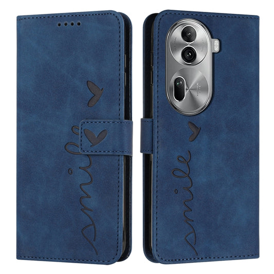 For OPPO Reno11 Pro Global Skin Feel Heart Embossed Leather Phone Case with Long Lanyard(Blue) - Reno11 Pro Cases by buy2fix | Online Shopping UK | buy2fix