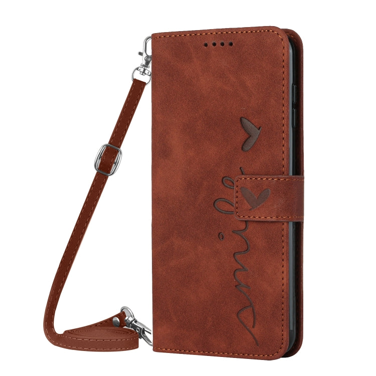 For Xiaomi 14 Skin Feel Heart Embossed Leather Phone Case with Long Lanyard(Brown) - 14 Cases by buy2fix | Online Shopping UK | buy2fix