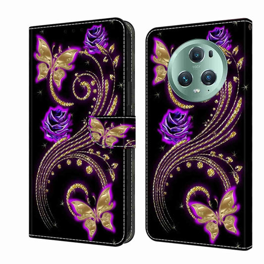 For Honor Magic5 Pro Crystal 3D Shockproof Protective Leather Phone Case(Purple Flower Butterfly) - Honor Cases by buy2fix | Online Shopping UK | buy2fix