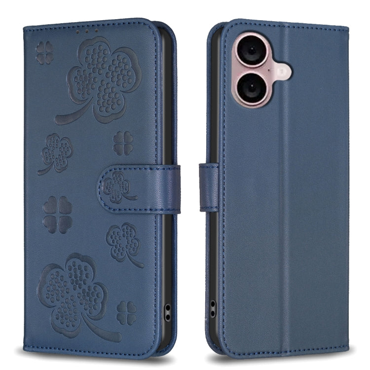 For iPhone 16 Four-leaf Embossed Leather Phone Case(Blue) - iPhone 16 Cases by buy2fix | Online Shopping UK | buy2fix