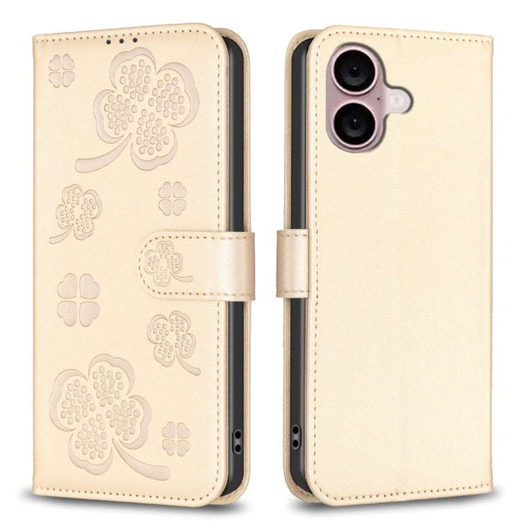 For iPhone 16 Four-leaf Embossed Leather Phone Case(Gold) - iPhone 16 Cases by buy2fix | Online Shopping UK | buy2fix