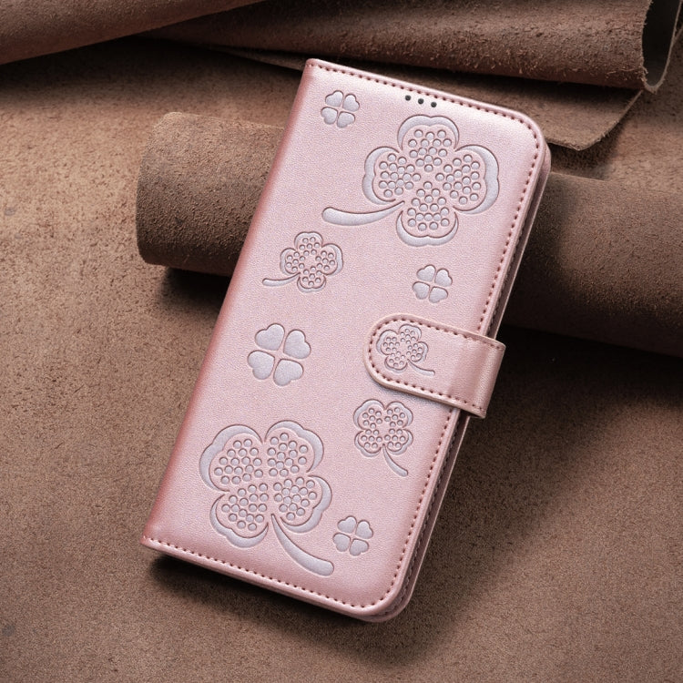 For iPhone 16 Four-leaf Embossed Leather Phone Case(Pink) - iPhone 16 Cases by buy2fix | Online Shopping UK | buy2fix