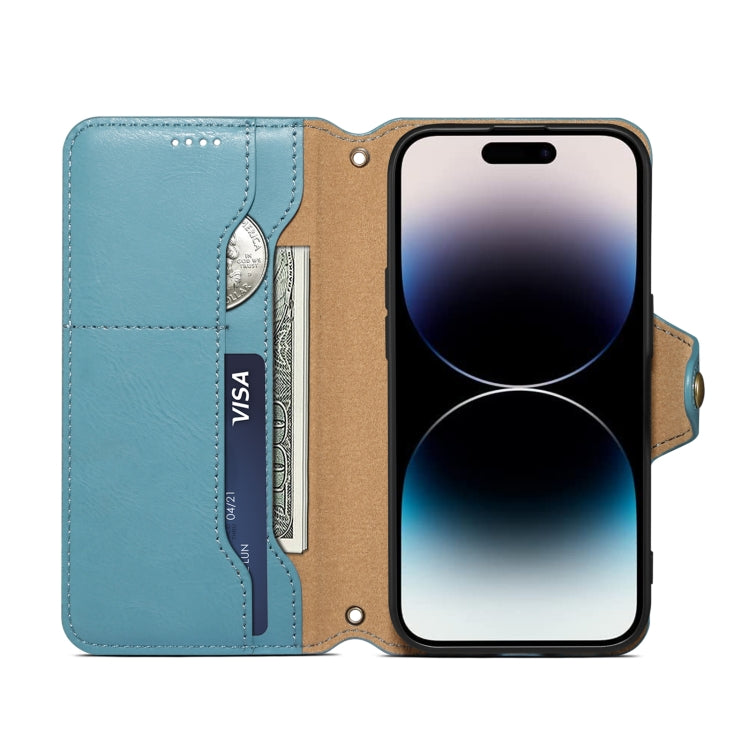 For iPhone 16 Denior Cowhide Texture Wallet Style Leather Phone Case(Blue) - iPhone 16 Cases by Denior | Online Shopping UK | buy2fix