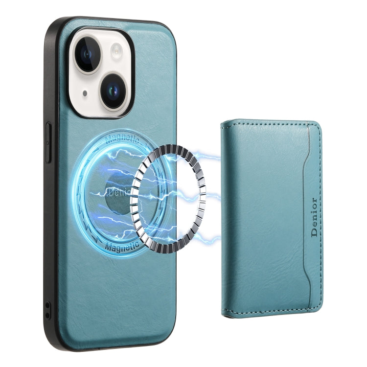 For iPhone 15 Plus Denior Cowhide Texture Leather MagSafe Detachable Wallet Phone Case(Blue) - iPhone 15 Plus Cases by Denior | Online Shopping UK | buy2fix