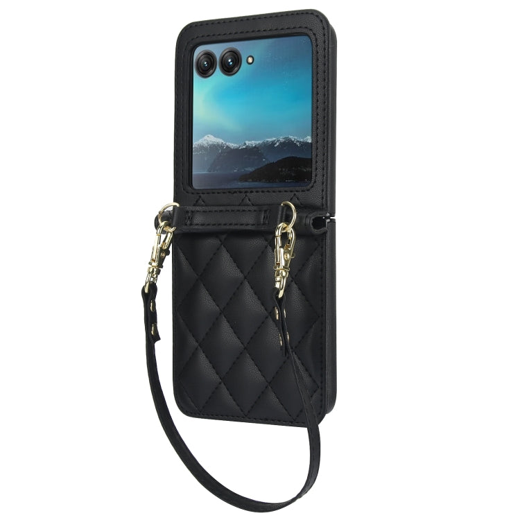 For Motorola Razr 40 Ultra Rhombic Texture Phone Case with Long & Short Lanyard(Black) - Motorola Cases by buy2fix | Online Shopping UK | buy2fix