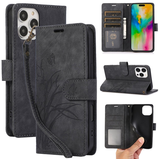 For iPhone 16 Pro Orchid Butterfly Embossed Leather Phone Case(Black) - iPhone 16 Pro Cases by buy2fix | Online Shopping UK | buy2fix