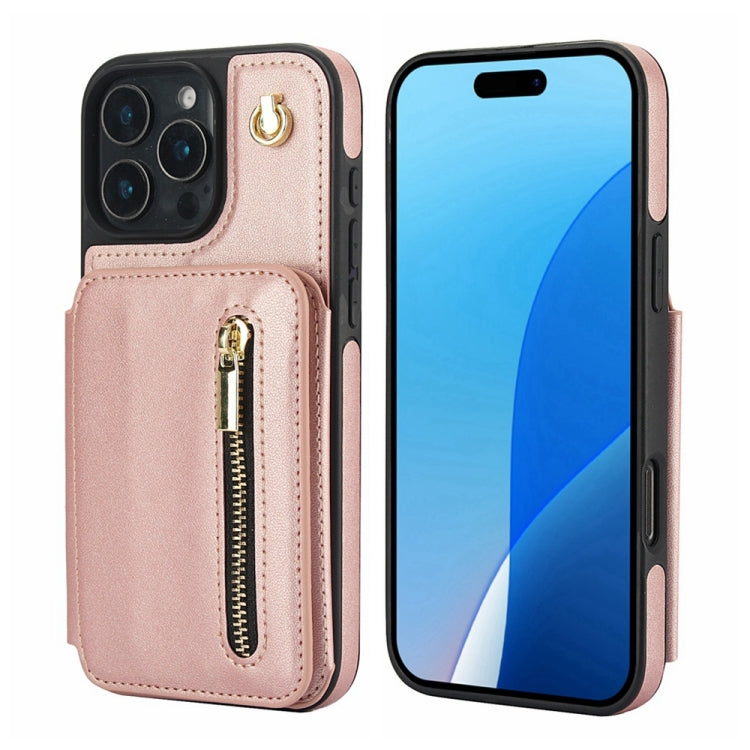 For iPhone 16 Pro YM006 Skin Feel Zipper Card Bag Phone Case with Dual Lanyard(Rose Gold) - iPhone 16 Pro Cases by buy2fix | Online Shopping UK | buy2fix