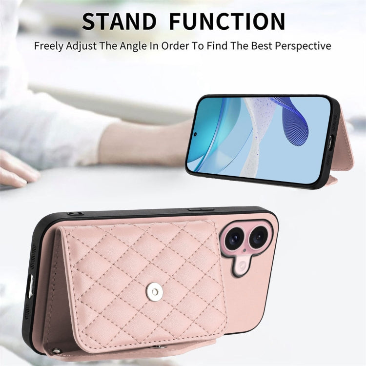 For iPhone 16 Rhombic Texture Card Bag RFID Phone Case with Long Lanyard(Rose Gold) - iPhone 16 Cases by buy2fix | Online Shopping UK | buy2fix