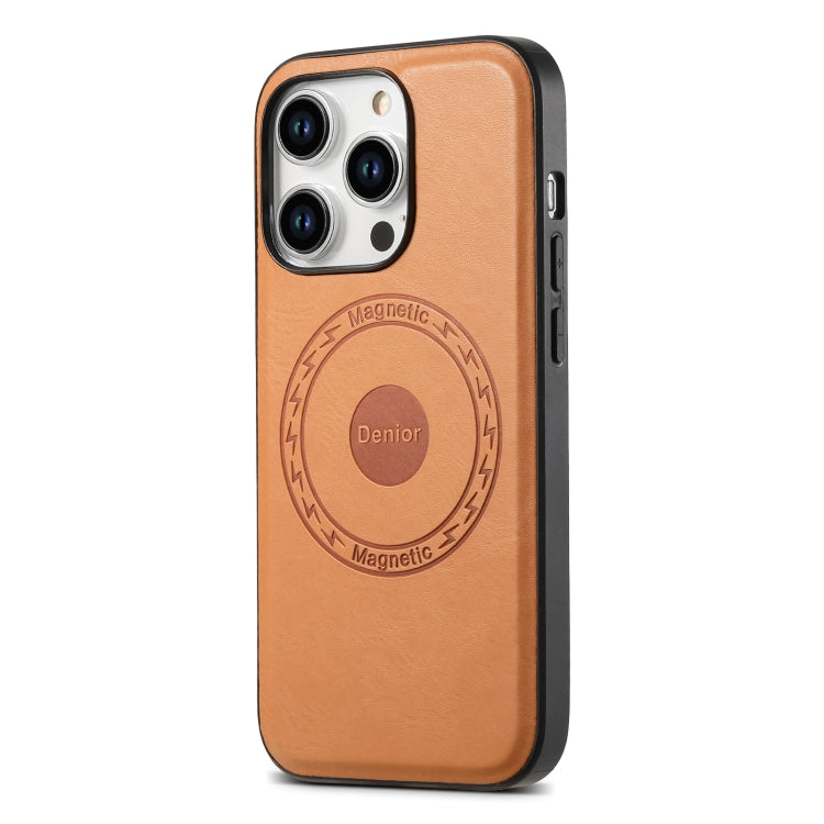 For iPhone 14 Pro Max Denior Cowhide Texture Leather MagSafe Phone Case(Khaki) - iPhone 14 Pro Max Cases by Denior | Online Shopping UK | buy2fix