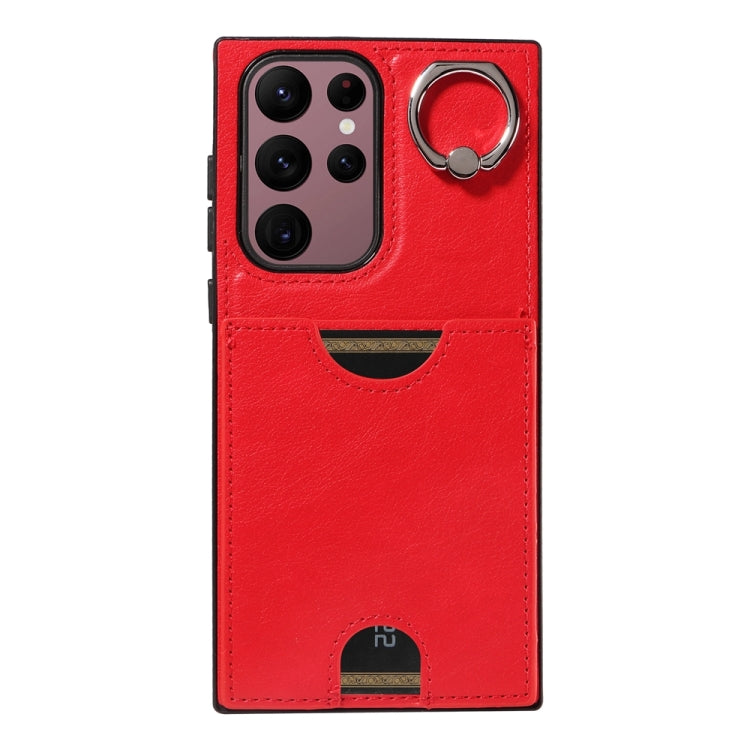 For Samsung Galaxy S22 Ultra 5G Calf Texture Card Slot Ring Holder Phone Case(Red) - Galaxy S22 Ultra 5G Cases by buy2fix | Online Shopping UK | buy2fix