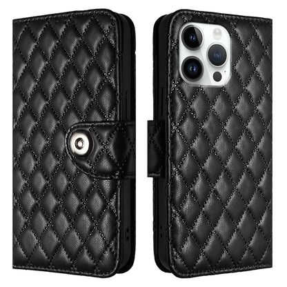 For iPhone 16 Pro Max Rhombic Texture Flip Leather Phone Case with Lanyard(Black) - iPhone 16 Pro Max Cases by buy2fix | Online Shopping UK | buy2fix