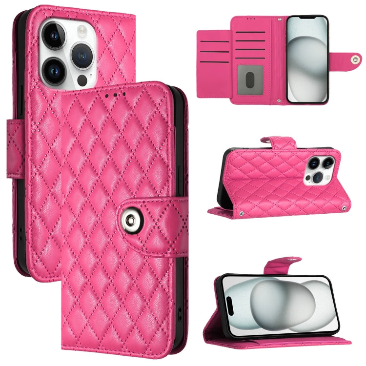 For iPhone 16 Pro Rhombic Texture Flip Leather Phone Case with Lanyard(Rose Red) - iPhone 16 Pro Cases by buy2fix | Online Shopping UK | buy2fix