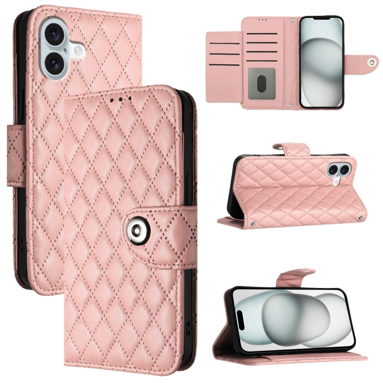 For iPhone 16 Plus Rhombic Texture Flip Leather Phone Case with Lanyard(Coral Pink) - iPhone 16 Plus Cases by buy2fix | Online Shopping UK | buy2fix