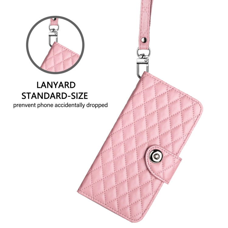 For iPhone 16 Rhombic Texture Flip Leather Phone Case with Lanyard(Pink) - iPhone 16 Cases by buy2fix | Online Shopping UK | buy2fix