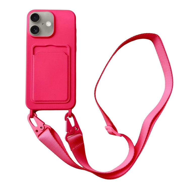 For iPhone 16 Card Slot Liquid Silicone Phone Case with Lanyard(Rose Red) - iPhone 16 Cases by buy2fix | Online Shopping UK | buy2fix