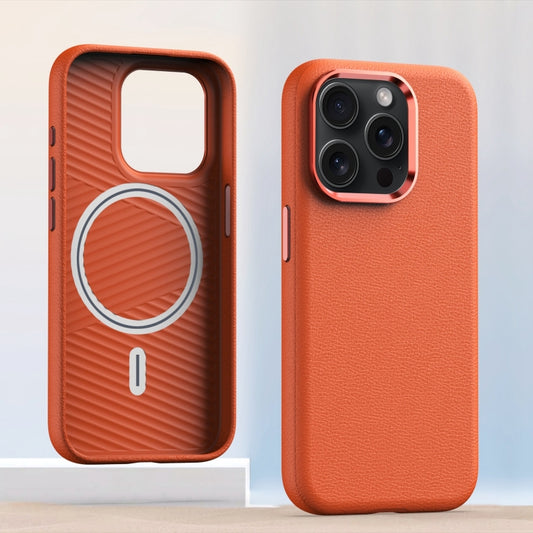 For iPhone 15 Pro Metal Lens Frame Leather Magsafe Full Coverage Shockproof Phone Case(Orange) - iPhone 15 Pro Cases by buy2fix | Online Shopping UK | buy2fix