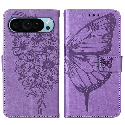 For Google Pixel 9 Embossed Butterfly Leather Phone Case(Purple) - Google Cases by buy2fix | Online Shopping UK | buy2fix