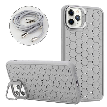 For iPhone 14 Pro Honeycomb Radiating Lens Holder Magsafe Phone Case with Lanyard(Grey) - iPhone 14 Pro Cases by buy2fix | Online Shopping UK | buy2fix