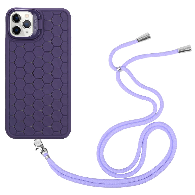 For iPhone 14 Pro Max Honeycomb Radiating Lens Holder Magsafe Phone Case with Lanyard(Purple) - iPhone 14 Pro Max Cases by buy2fix | Online Shopping UK | buy2fix