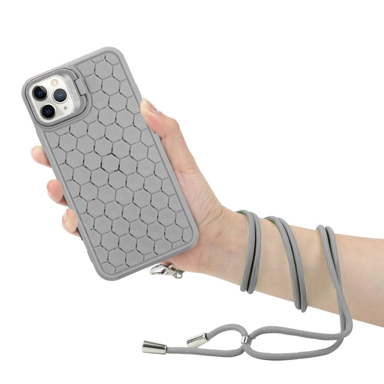 For iPhone 14 Pro Max Honeycomb Radiating Lens Holder Magsafe Phone Case with Lanyard(Grey) - iPhone 14 Pro Max Cases by buy2fix | Online Shopping UK | buy2fix