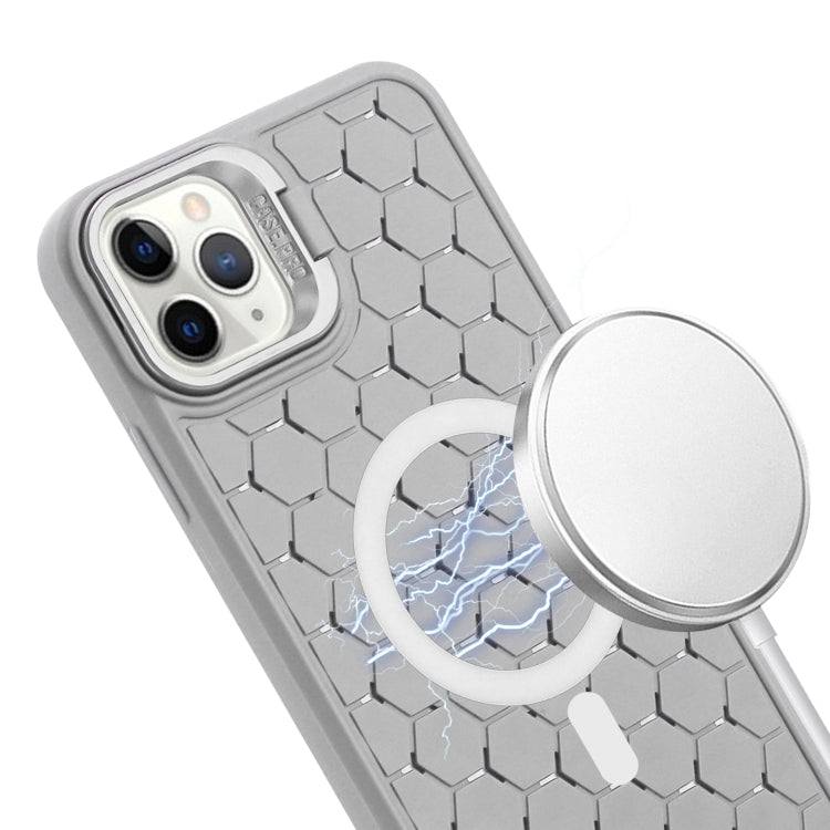 For iPhone 14 Pro Max Honeycomb Radiating Lens Holder Magsafe Phone Case with Lanyard(Grey) - iPhone 14 Pro Max Cases by buy2fix | Online Shopping UK | buy2fix